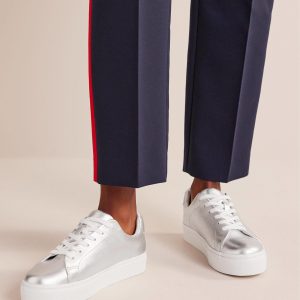 Leather Flatform Sneakers-Silver Tumbled Leather