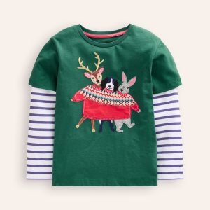 Applique Mock Sleeve T-Shirt-Jewel Green Festive Animals