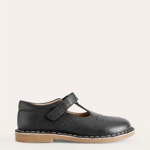 Leather T-bar Flats-Black
