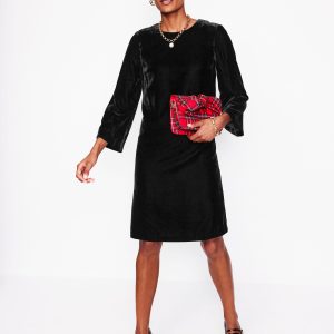 Long Sleeve Velvet Shift Dress-Black