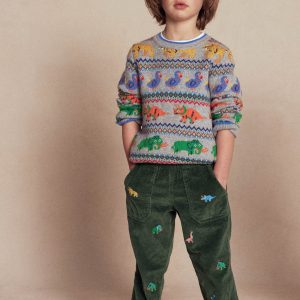Pull-on Cord Pants-Prehistoric Animals Embroidery