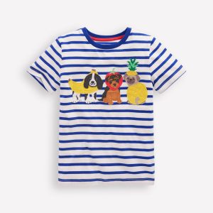 Short Sleeve Appliqu?? T-shirt-Bright Blue Stripe Fruit Dogs