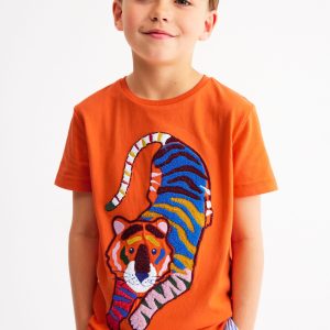 Chain Stitch T-Shirt-Hot Coral tiger