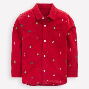 Embroidered Corduroy Shirt-Red Christmas Embroidery