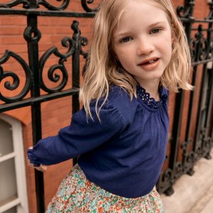 Broderie Trim Jersey Top-Starboard Blue