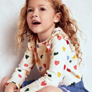 Frill Sleeve Slub Top-Rainbow Hearts