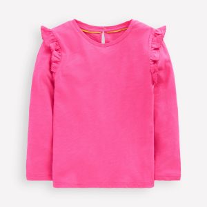Frill Sleeve Slub Top-Sorbet Pink