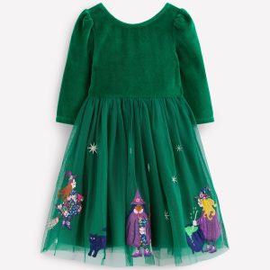 Velour Tulle Appliqu?? Dress-Jewel Green Halloween