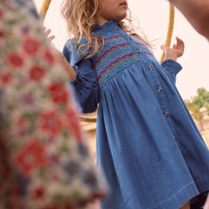 Suki Long Sleeve Smocked Dress-Mid Vintage Denim