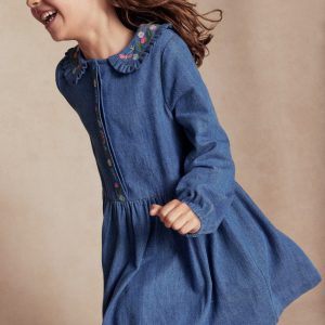 Denim Embroidered Collar Dress-Mid Vintage Denim