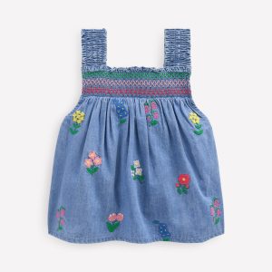 Smocked Woven Top-Chambray Cross Stitch Flowers