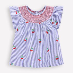 Woven Smocked Top-Blue Ticking Cherries