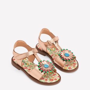 Fun Leather Sandals-Gold Metallic Flower