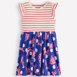 Posie Frill Sleeve Dress-Bright Blue Spotty Cats