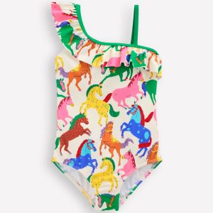 Lila One Shoulder Swimsuit-Multi Rainbow Horses