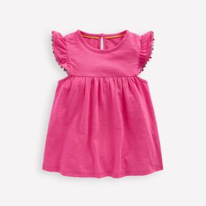 Frill Sleeve Pom Top-Flamingo Pink