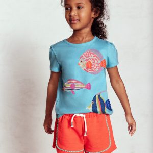 Puff Sleeve Superstitch Top-Aqua Sea Blue Fish