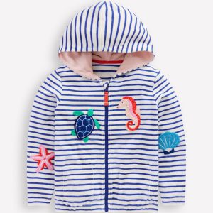 Zip-Through Towelling Hoodie-Ivory/Bright Blue Sea Stripe