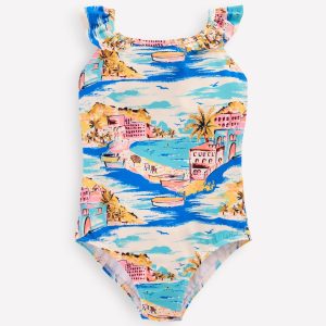 Hallie Frill Strap Swimsuit-Multi Coastal Scene