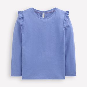 Frill Sleeve Slub Top-Soft Blue