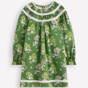 Pretty Lace Trim Jersey Dress-Green Woodland Floral