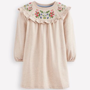 Embroidered Sweatshirt Dress-Oatmeal Marl