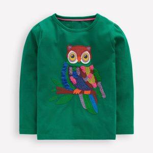 Puff Sleeve Applique T-Shirt-Green Owl