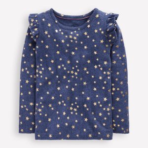 Frill Sleeve Pointelle Top-Navy