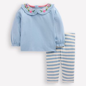 Collared Jersey Set-Blue Floral Embroidery