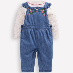 Woven Overalls Set-Blue Chambray Embroidery