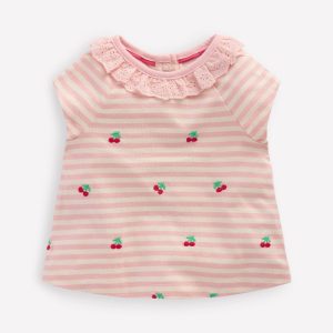 Embroidered Jersey Top-Soft Ivory/ Chalk Pink