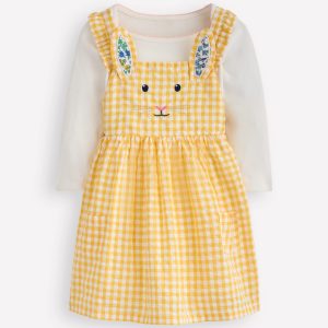 Novelty Pinny Dress Set-Yellow Gingham Bunny