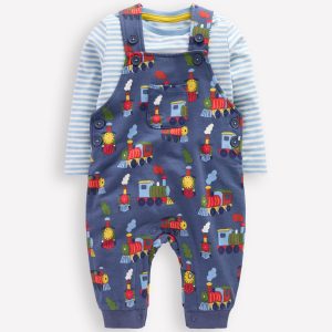 Printed Jersey Overalls Set-Blue Marl Trains