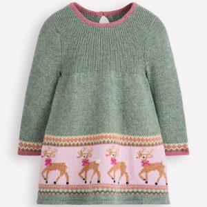Fair Isle Knitted Dress-Eucalyptus Reindeer Fair Isle
