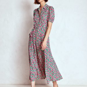 Alegra Midi Shirt Dress-Pink Ribbon. Floweret Vine