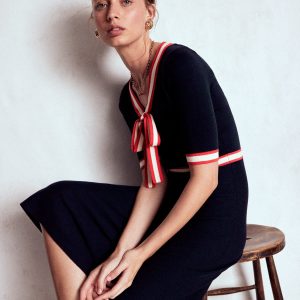 Tipped Bow Dress-Navy