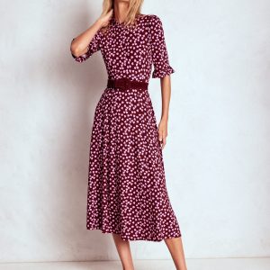 Ruffle Seamed Midi Dress-Chestnut. Heart Cascade