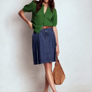Pleated Denim Skirt-Mid Wash