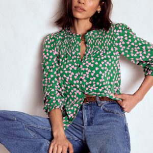 Elsa Smocked Yoke Jersey Shirt-Highland Green. Heart Cascade