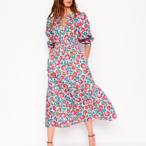 Elena Tiered Cotton Midi Dress-Ivory. Garden Vine