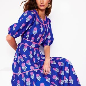 Rhea Embroidered Midi Dress-Gallery Blue. Dahlia Sprig