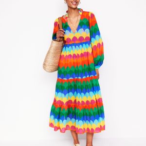 V-Neck Tiered Cotton Kaftan-Multi. Scallop Stripe