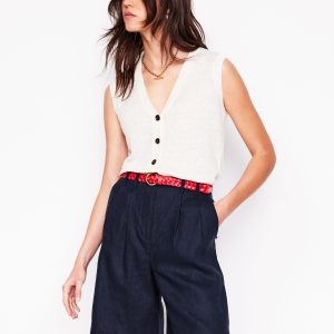 Pleat Linen Wide Leg Shorts-Navy