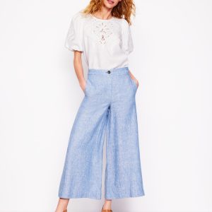 Wide Crop Linen Pants-Grey Blue Chambray