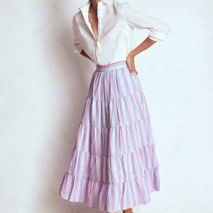 Tiered Poplin Midi Skirt-Metallic Stripe