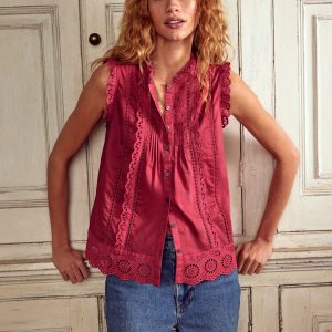 Sleeveless Broderie Top-Terracotta Red