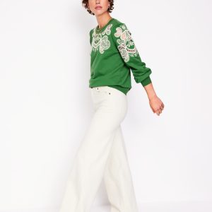 Puff Sleeve Cutwork Sweatshirt-Paradise Green