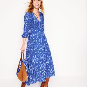 Cynthia Button Tea Dress-Bright Blue. Abstract Dot