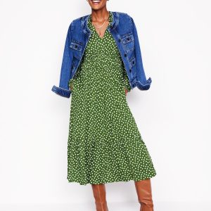 Rosamund Jersey Midi Tea Dress-Paradise Green. Abstract Dot