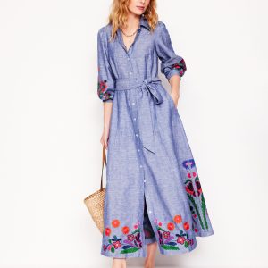 Clara Linen Blend Shirt Dress-Blue Chambray. Embroidered